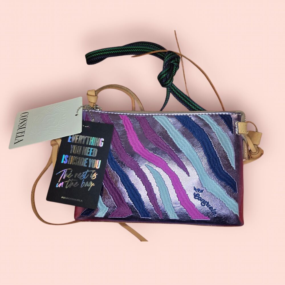 Consuela Val Midtown Crossbody Bag Purple Blue Zebra Print Embroidered Boho